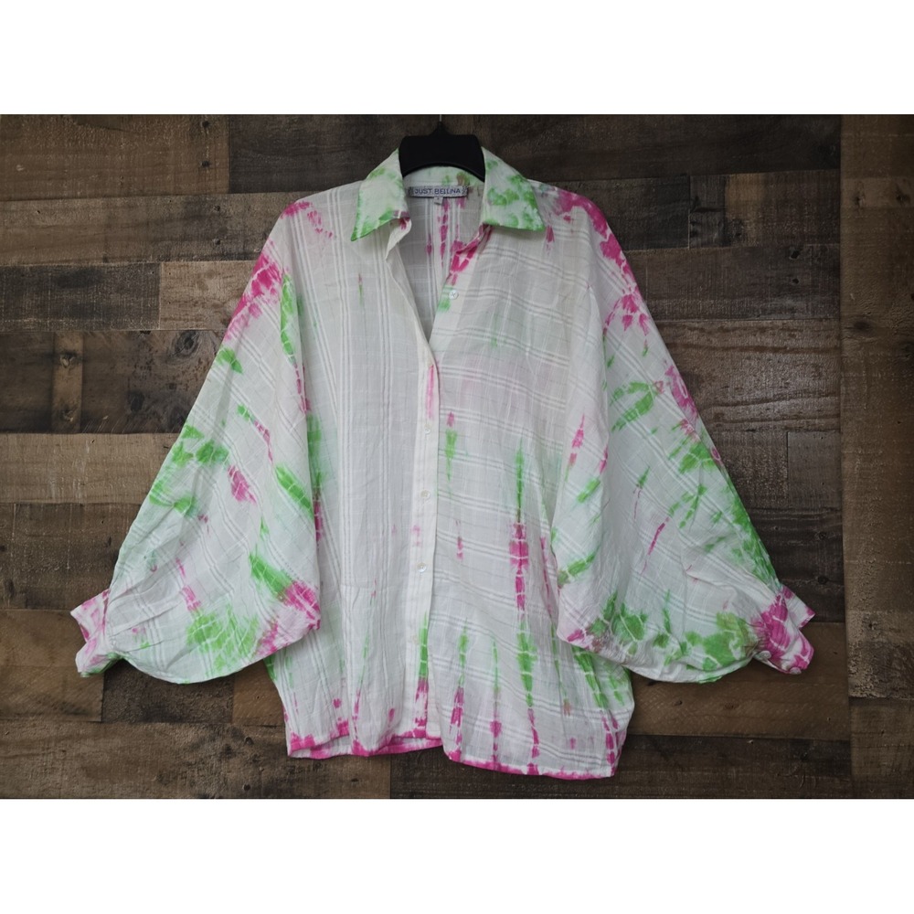 Just Bellina Button Down Boho Chic Top Tie Dye Coastal Nautical Cotton Sz Small